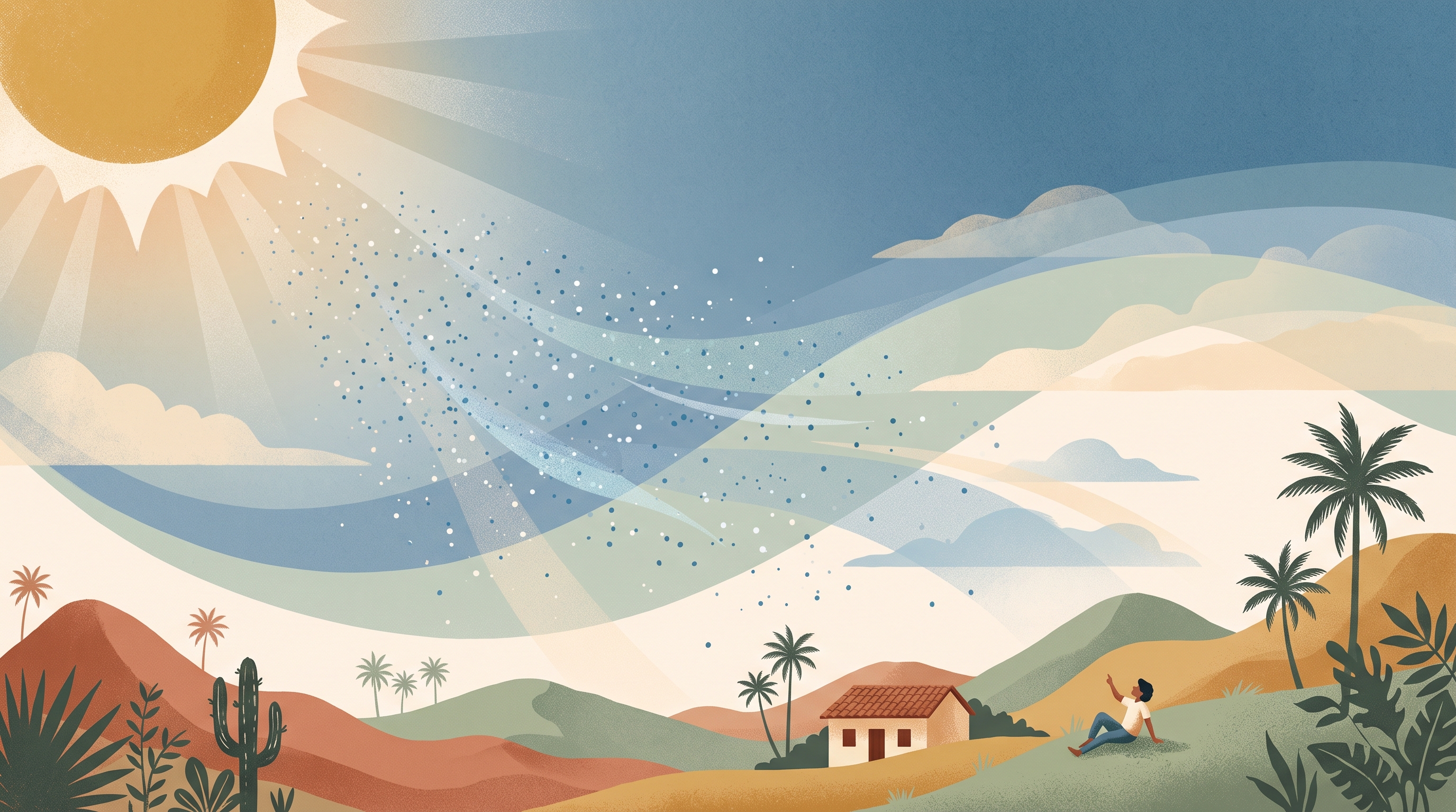 Ilustração de um sol azul-claro sobre montanhas sob um céu azul