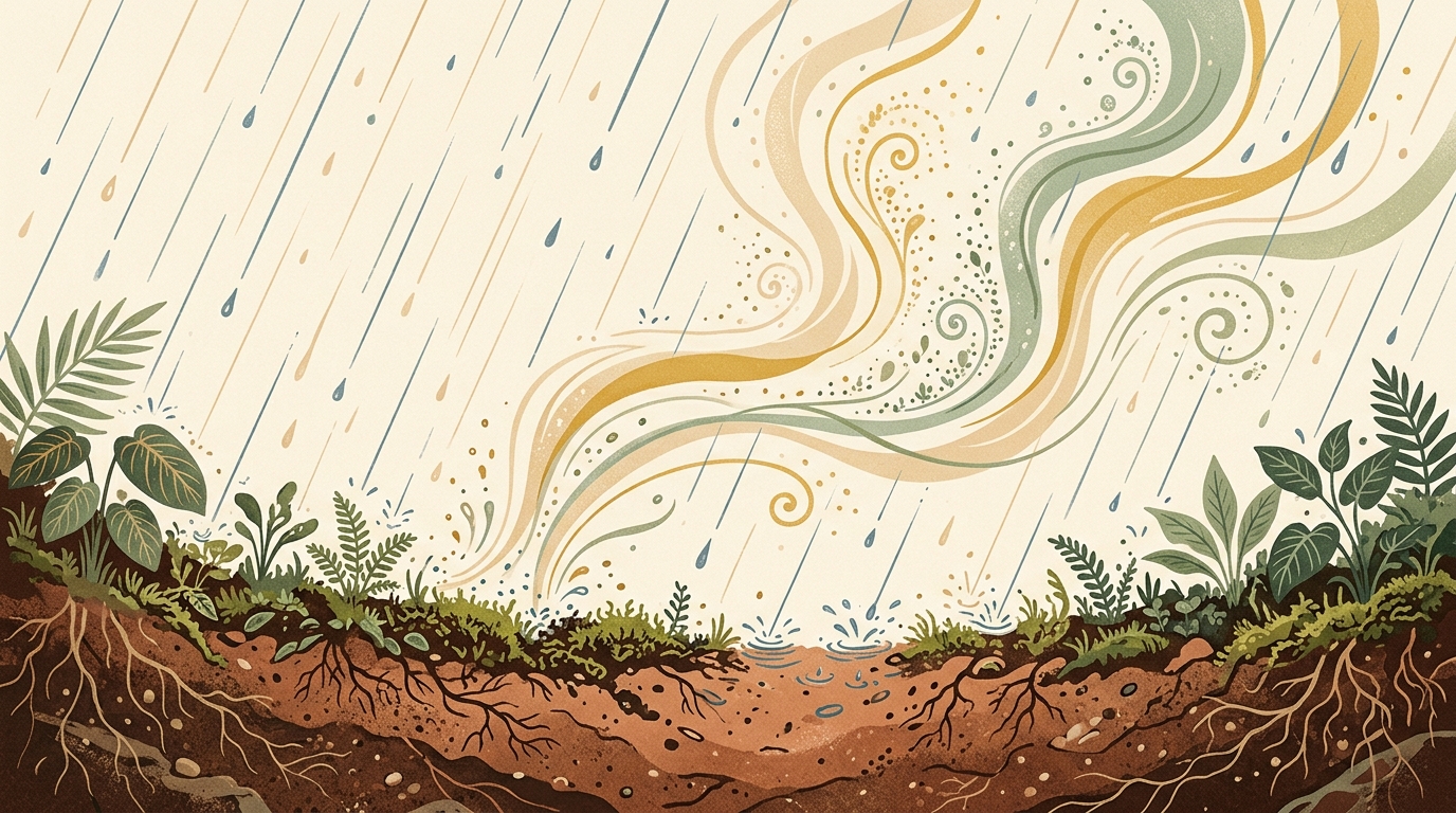 Gotas de chuva atingindo o solo ao lado de pequenas plantas, com o aroma da terra sugerido por formas suaves que se elevam no ar.