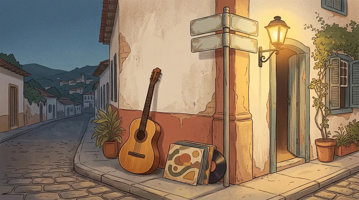 Ilustração conceitual com um violão de madeira, discos de vinil e uma placa de esquina de rua sob luz suave