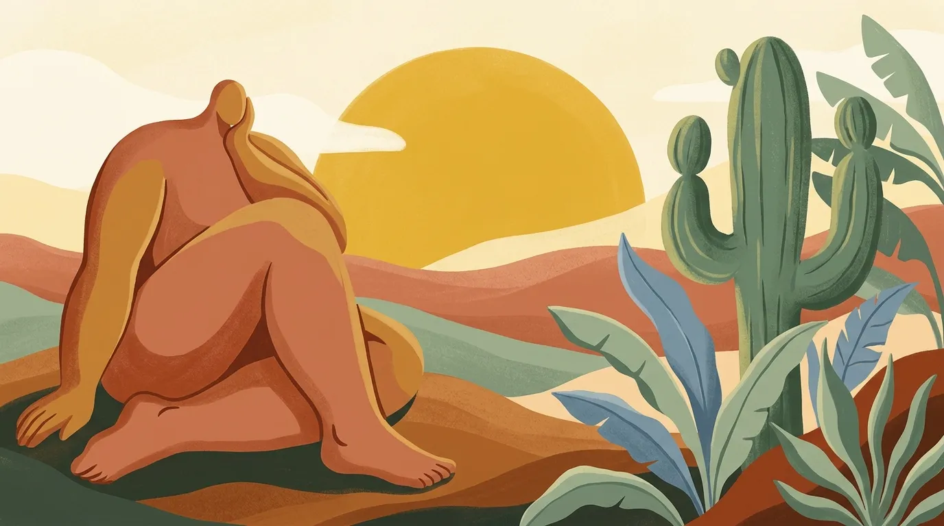 Ilustração conceitual com cactos sob um sol radiante e formas orgânicas que remetem à arte modernista brasileira