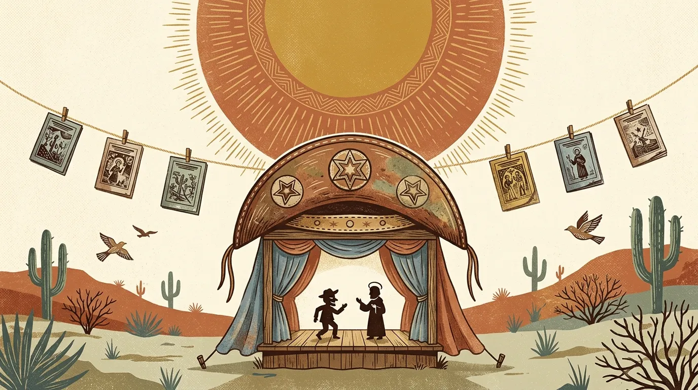 Ilustração conceitual evocando o sertão e a tradição do cordel, com um chapéu de couro e bonecos de teatro popular sobre fundo ensolarado