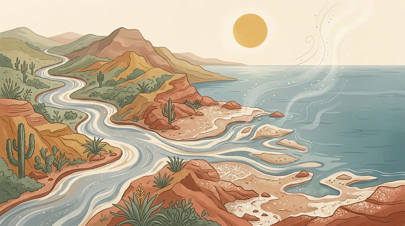 Ilustração conceitual mostrando rios fluindo de montanhas rochosas em direção a um grande oceano sob o sol
