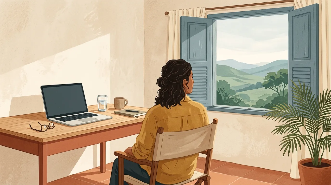 Mesa de trabalho com notebook ao lado de uma janela aberta, por onde se vê uma paisagem distante e desfocada