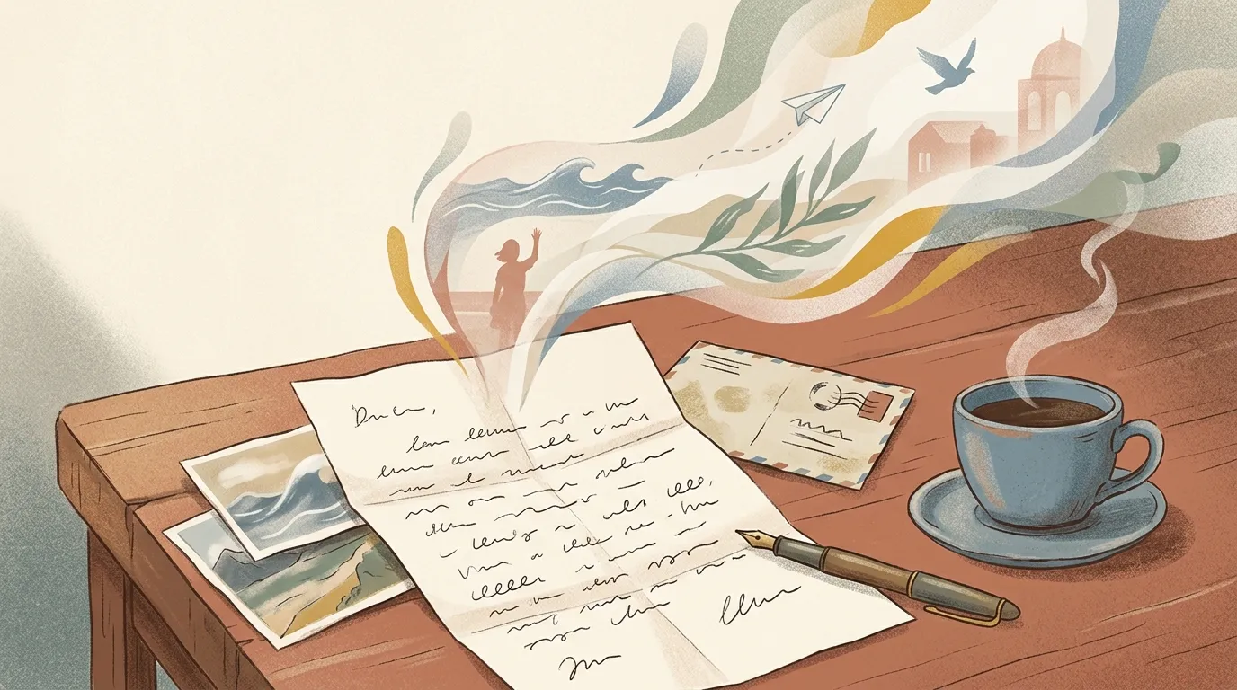 Ilustração conceitual com uma carta aberta antiga, uma xícara de café e elementos abstratos evocando memória e nostalgia
