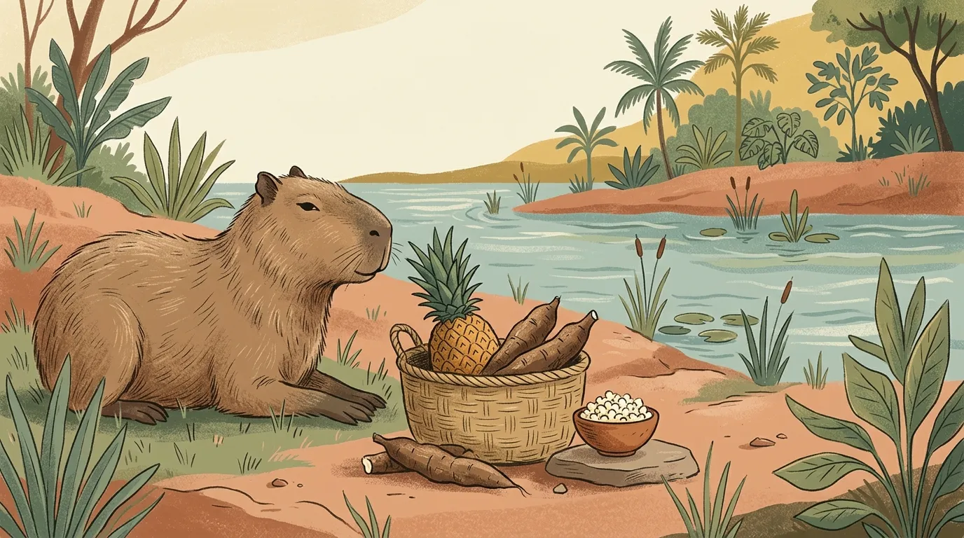Ilustração de uma capivara à beira de um rio, ao lado de uma cesta com abacaxi e mandioca e uma tigela de pipoca