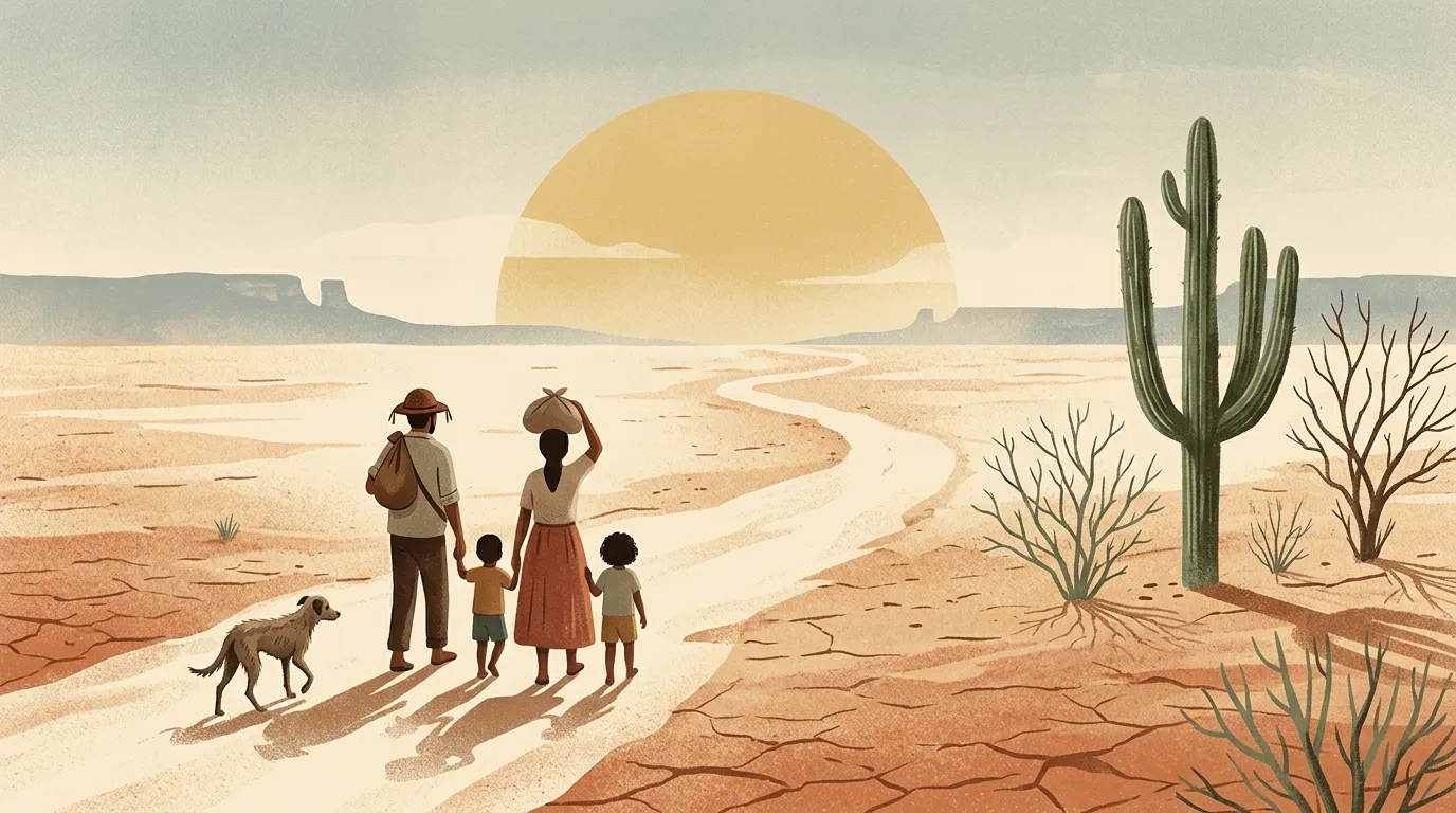 Ilustração de uma família pequena e um cachorro magro caminhando por uma estrada de terra seca, com mandacaru e um sol grande e baixo ao fundo