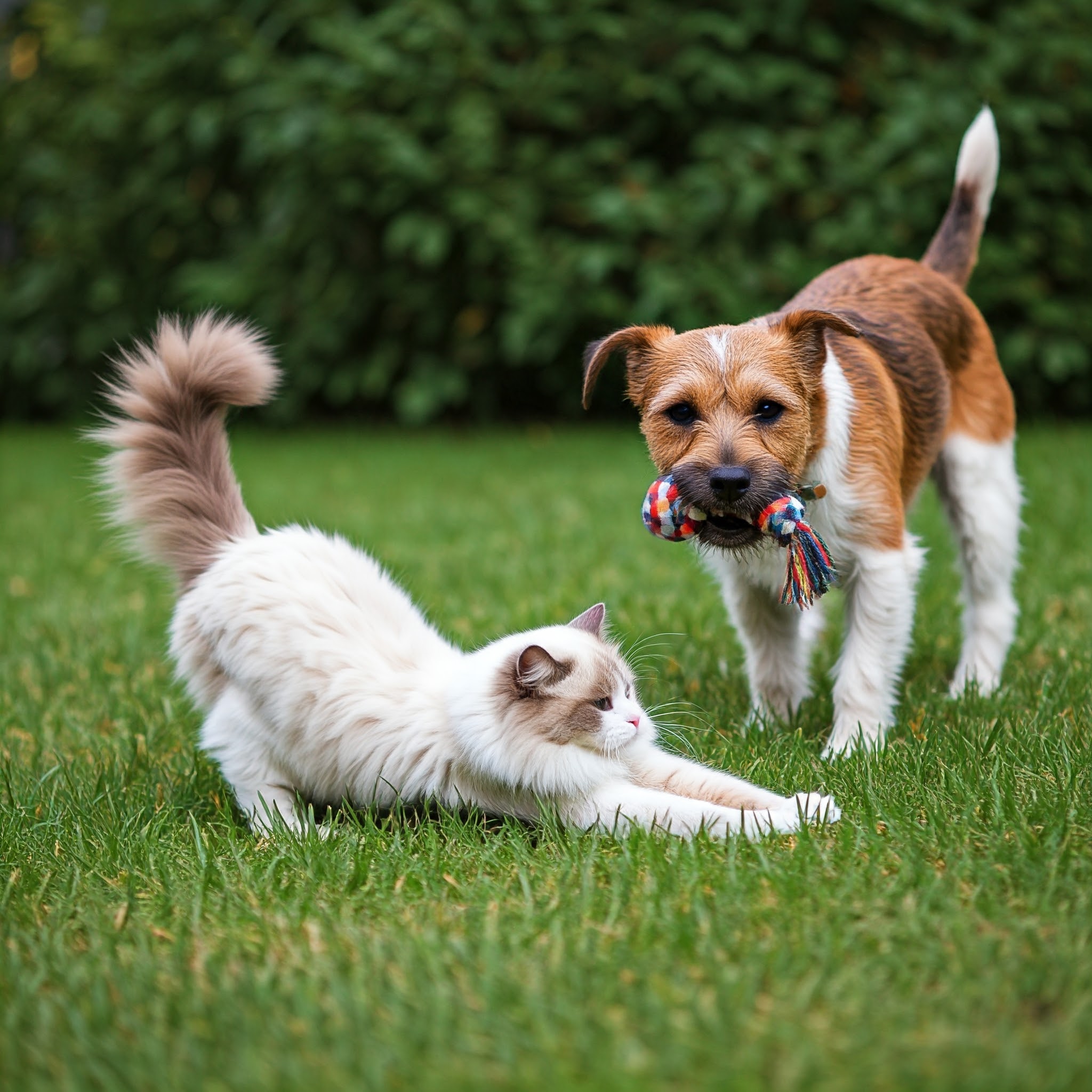 Saúde mental dos pets: Um cão e um gato brincando ao ar livre, simbolizando a importância do exercício.